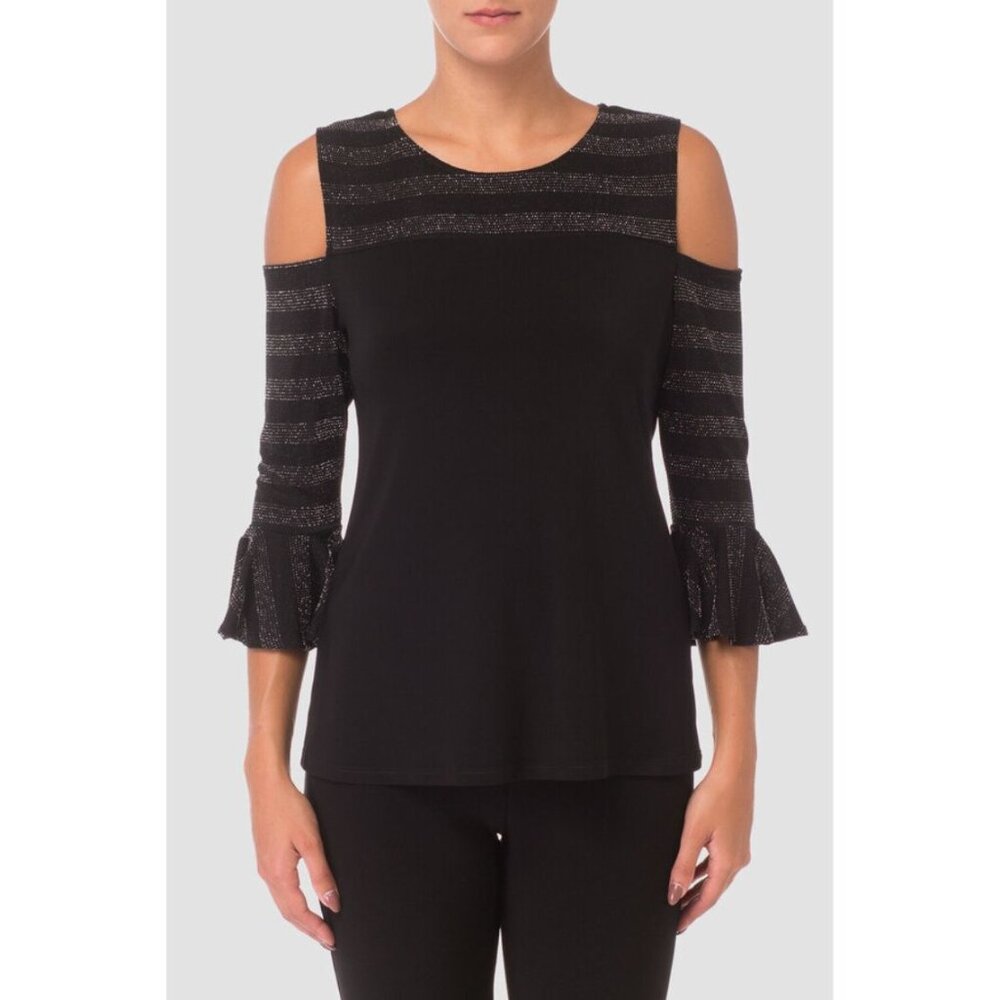 Joseph Ribkoff Black Silver Cold Shoulder Bell Sleeve Knit‎ Top Size 6 S M Shirt